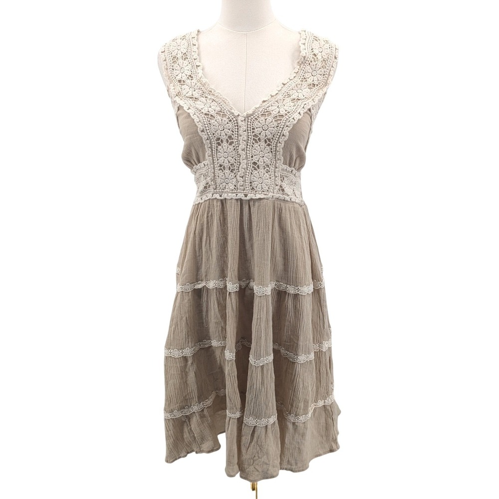 Crochet Lace Tiered Midi Dress Beige Boho Cottagecore Cross Back Size S